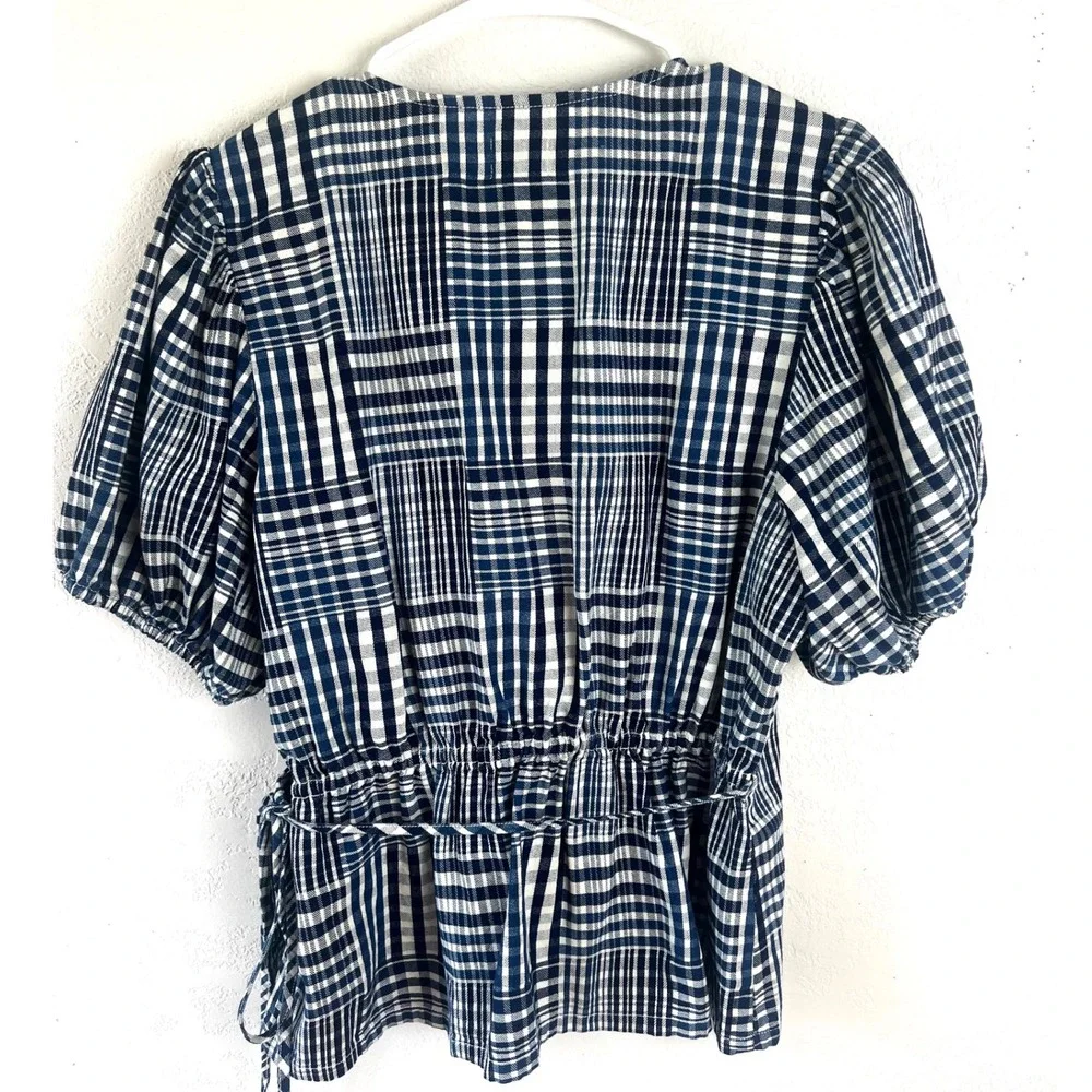 J. Crew Blue and White Plaid Short Sleeve Wrap Blouse